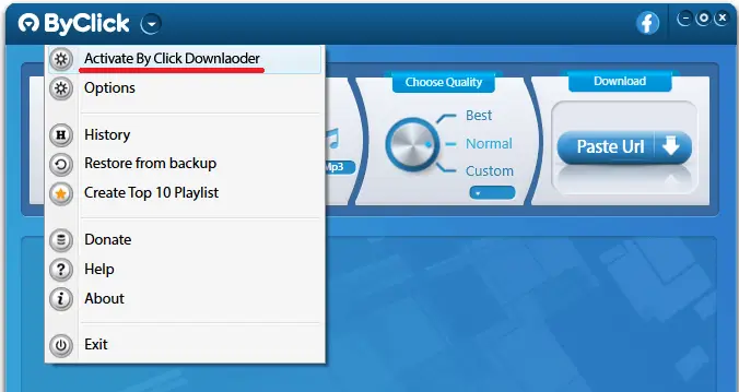 Opciones de formato y calidad en ByClick Downloader Full 