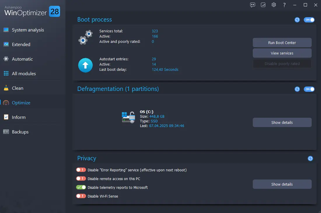 Optimizacion de sistema en Ashampoo WinOptimizer Full