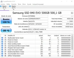 CrystalDiskInfo Full para Windows mostrando el estado de salud del disco duro