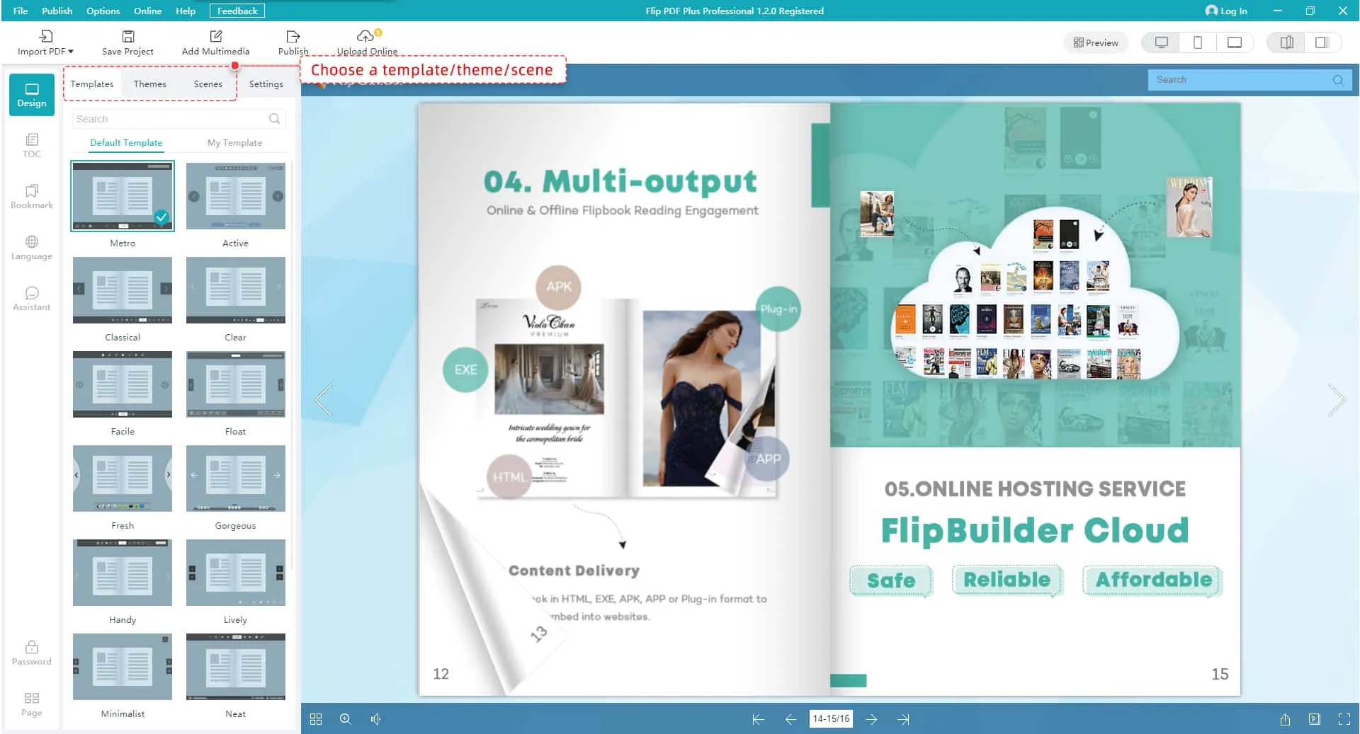 Interfaz de FlipBuilder Flip PDF Professional con panel de edición de flipbook