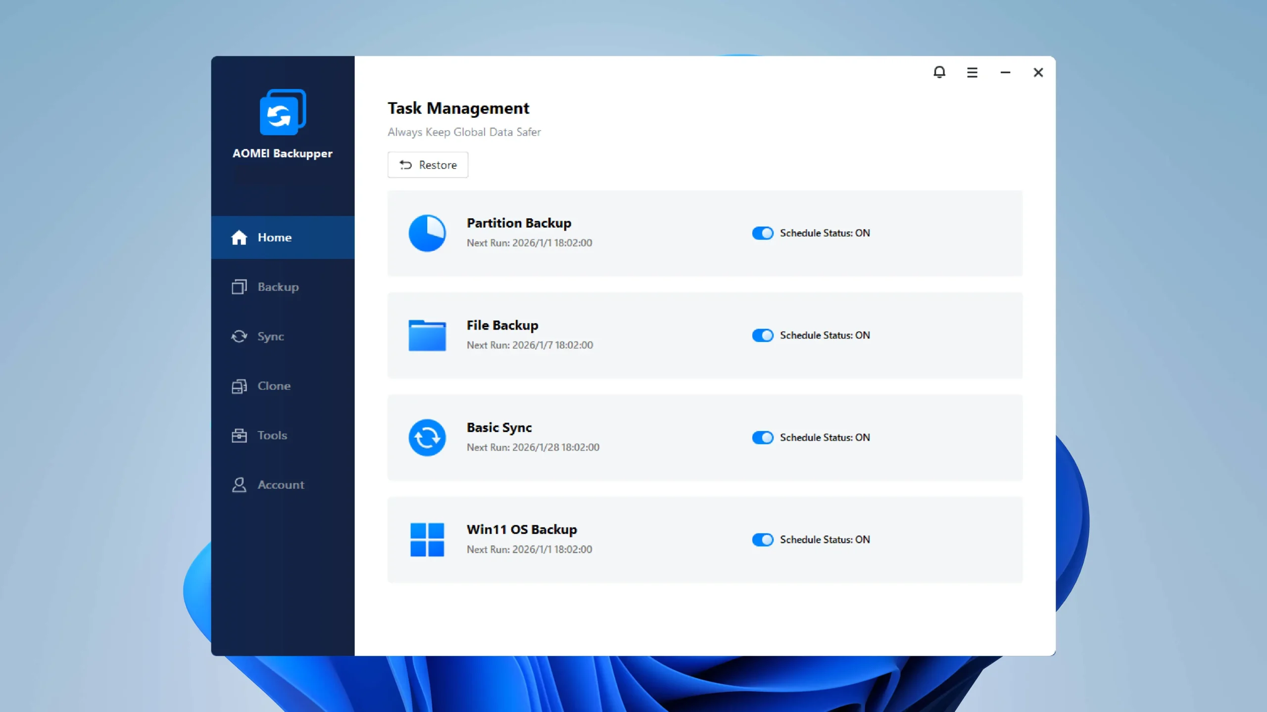 AOMEI Backupper v8.4.0 Full en Español - Interfaz principal con las cuatro opciones de Backup Clonar Restaurar y Herramientas