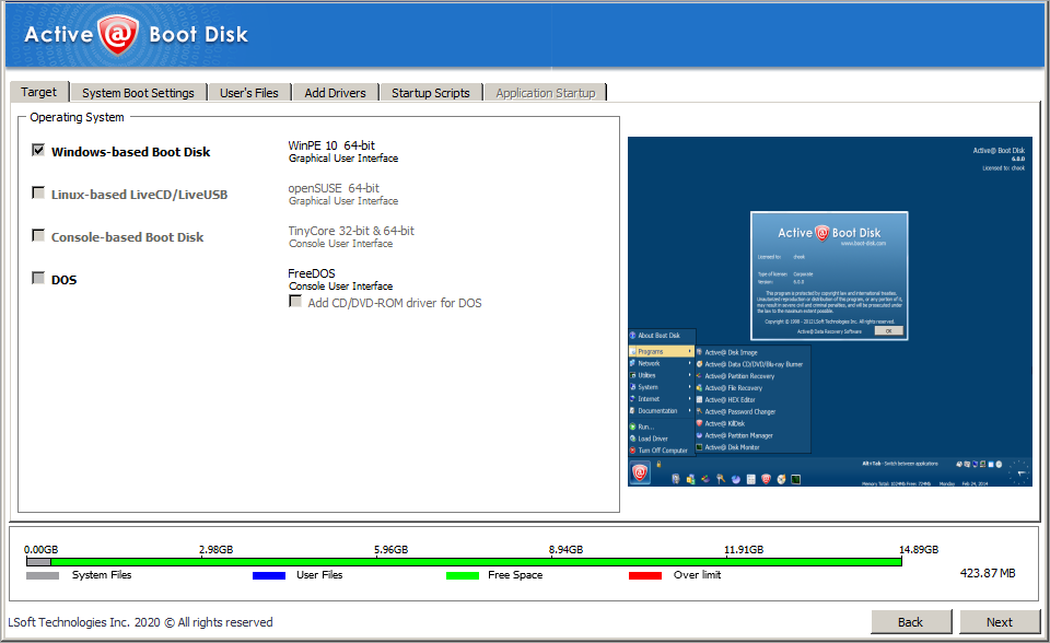 Active Boot Disk v26.0.3 Full - Escritorio WinPE con menú principal mostrando todas las herramientas de recuperación y rescate