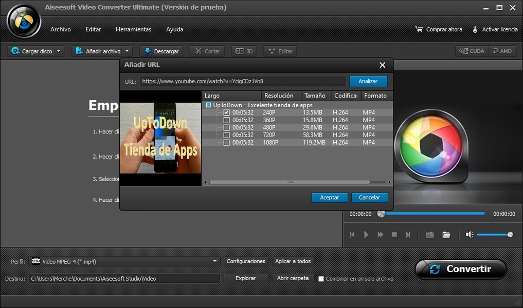 Aiseesoft Video Converter - Conversión GPU activa Aiseesoft Video Converter Ultimate - Proceso de conversión activa con aceleración GPU NVIDIA NVENC mostrando velocidad y tiempo restante