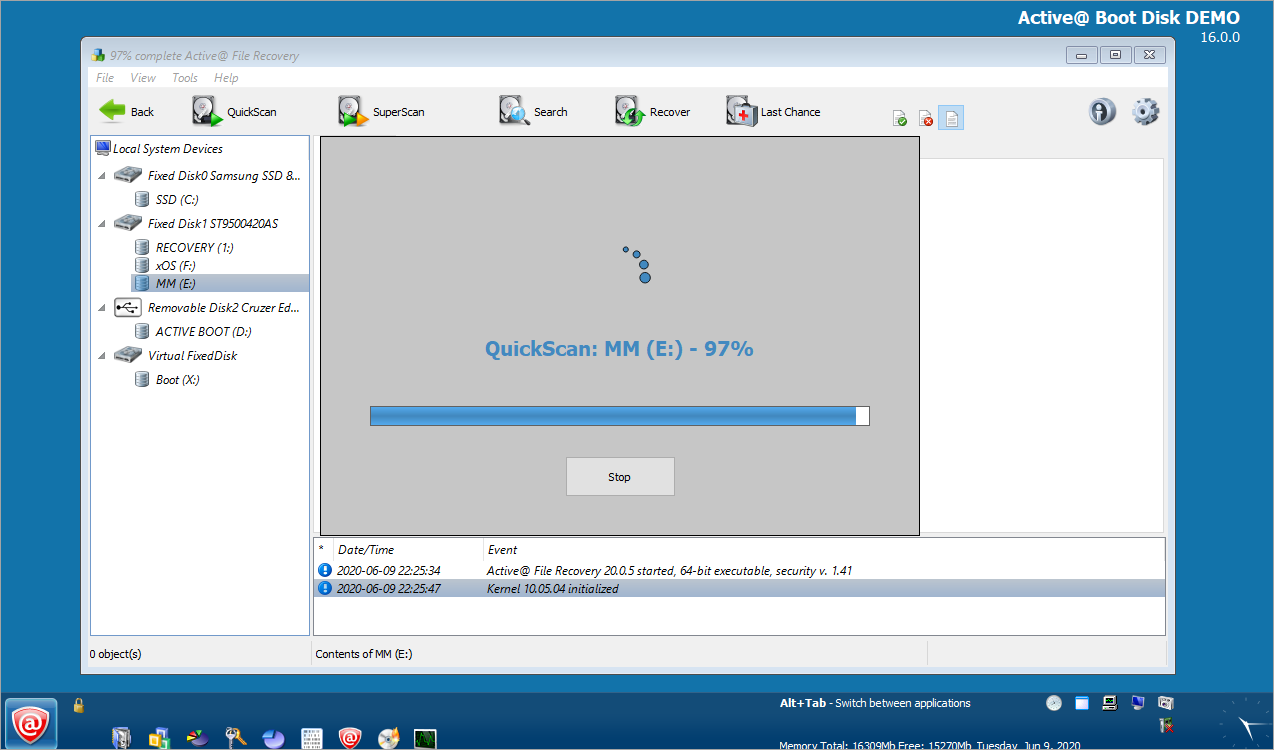 Active Boot Disk - Active KillDisk 26 mostrando la selección del algoritmo de borrado seguro DoD NIST y Gutmann