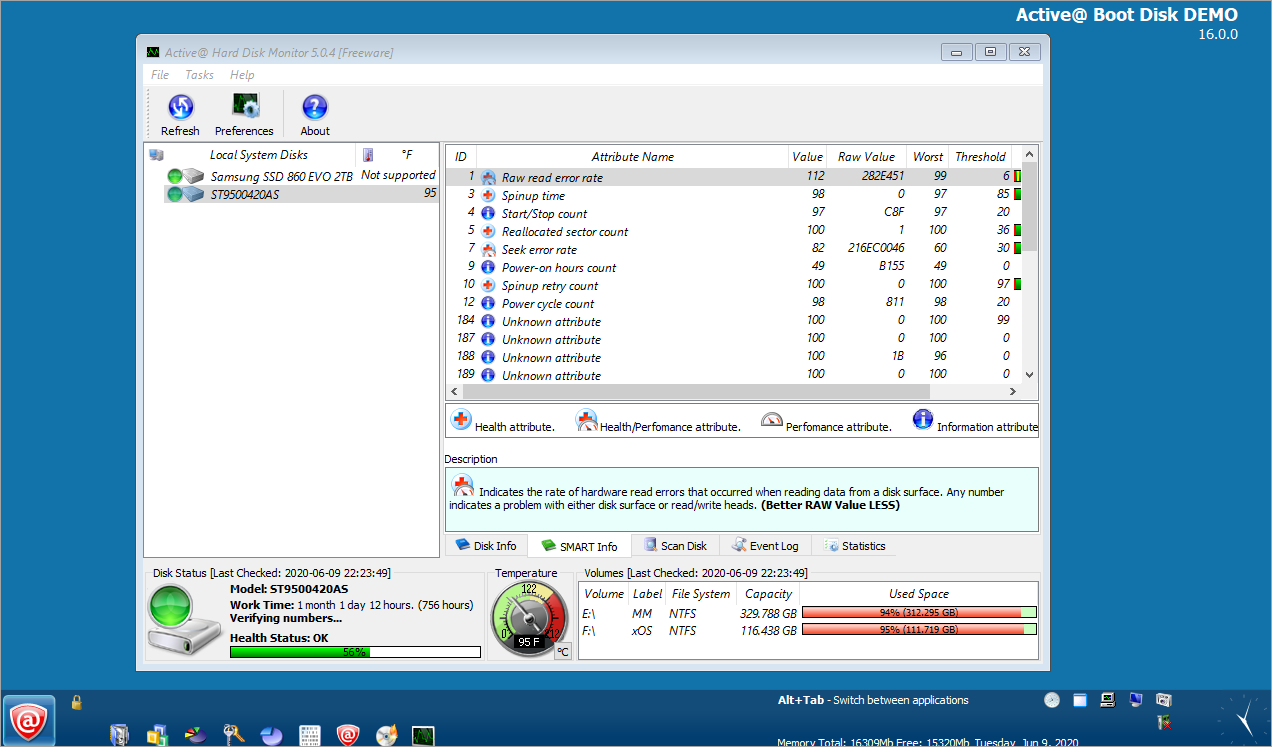 Active Boot Disk - SMART Monitor mostrando el estado de salud del disco duro con todos los parámetros S.M.A.R.T.