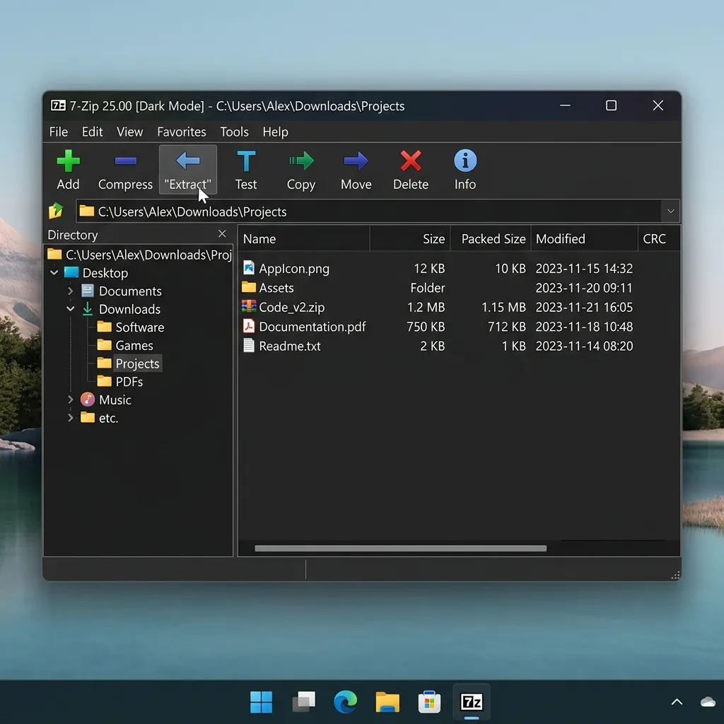 7-Zip 26.01 Gestor de Archivos en Español - Pantalla principal con panel dual de navegación de carpetas en Windows 11