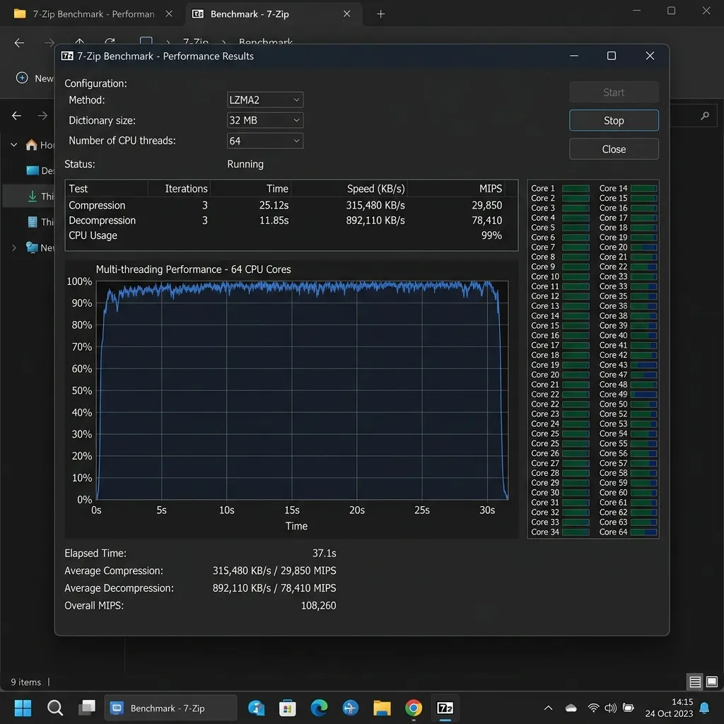 7-Zip 26.01 Benchmark multihilo - Resultados de velocidad de compresión con 64 hilos de CPU en MIPS