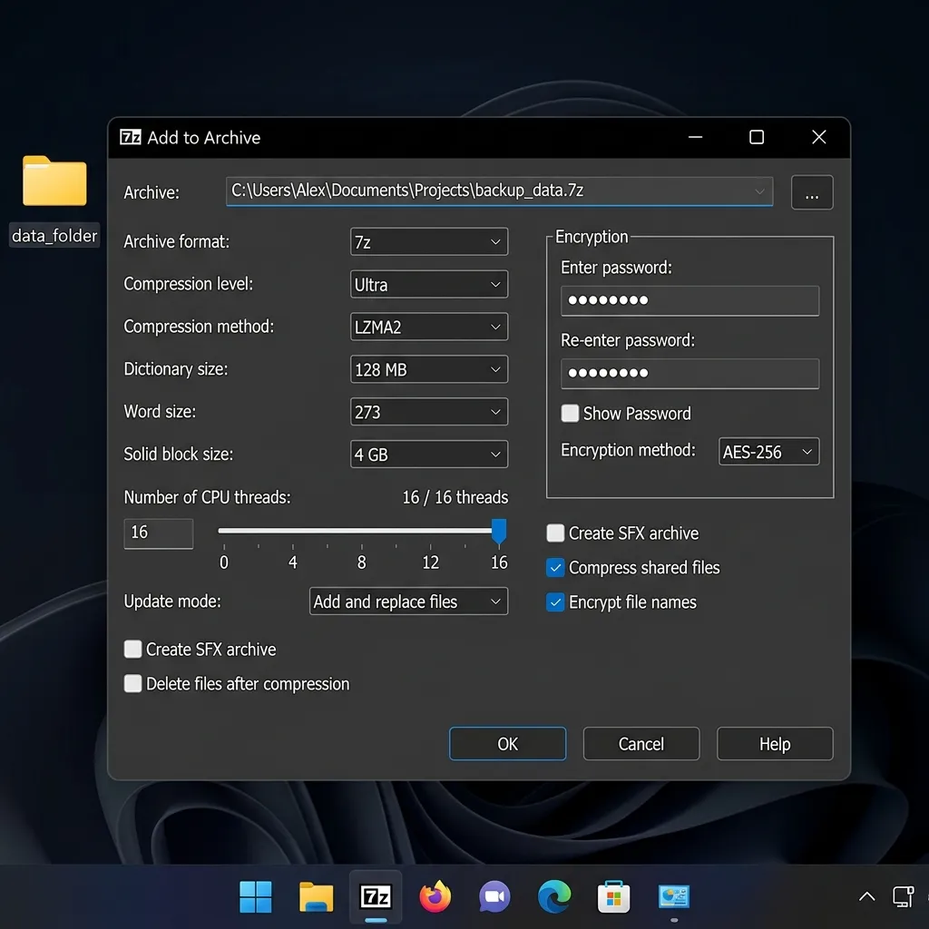 7-Zip 26.01 Comprimir archivos en formato 7z con nivel Ultra y cifrado AES-256 - Configuración avanzada
