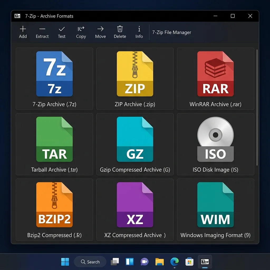 7-Zip 26.01 formatos compatibles - Lista de 30 formatos soportados: 7z ZIP RAR ISO TAR GZ XZ WIM BZ2
