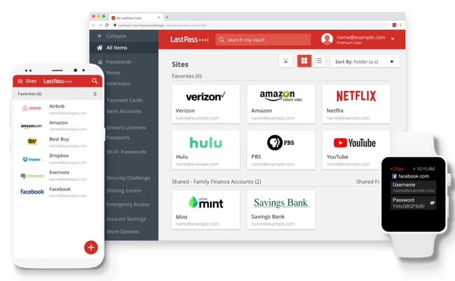 LastPass Password Manager Gratis 2026 en Español - Bóveda principal con lista de contraseñas guardadas en Windows Chrome