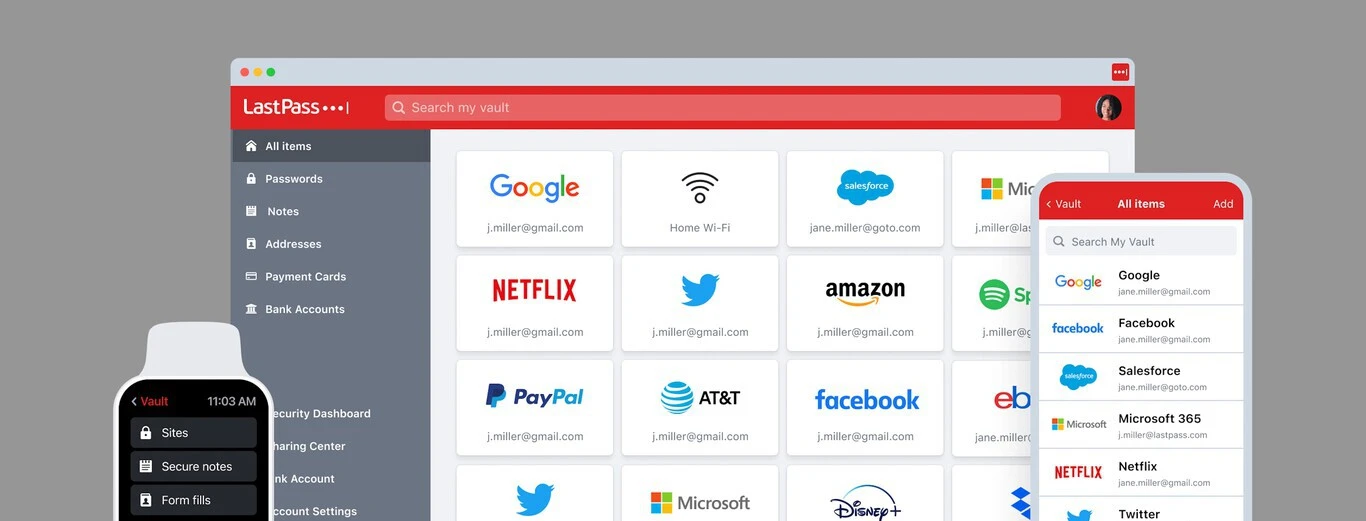 LastPass Password Manager - Panel de Seguridad con puntuación de contraseñas y alertas de dark web activas