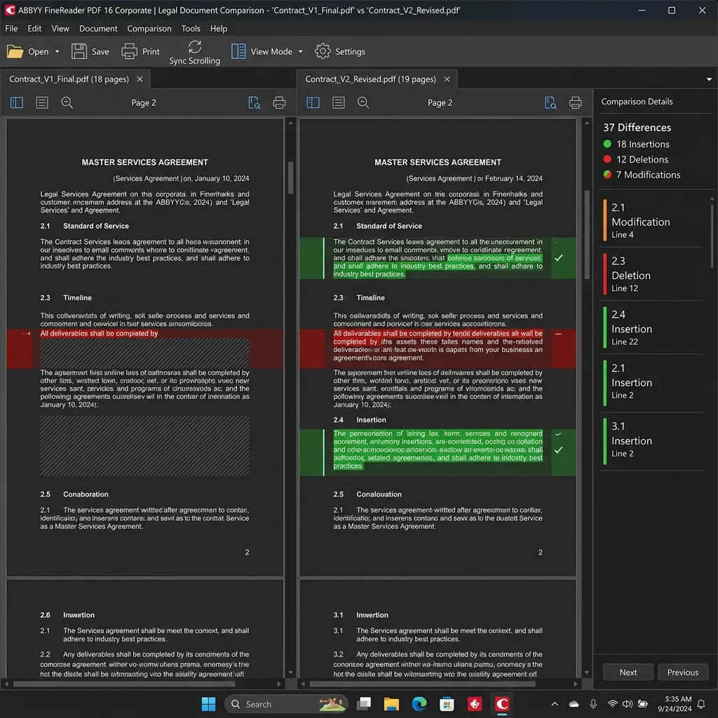 ABBYY FineReader 16 comparación de documentos - Dos versiones de PDF con diferencias resaltadas en rojo y verde para revisión legal