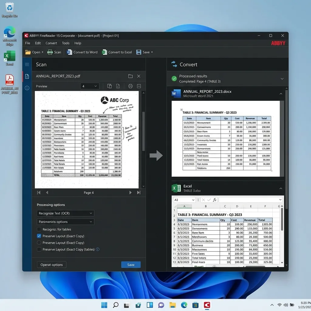 ABBYY FineReader 16 conversión PDF a Word - Comparación antes y después de documento escaneado convertido a Word con tablas preservadas
