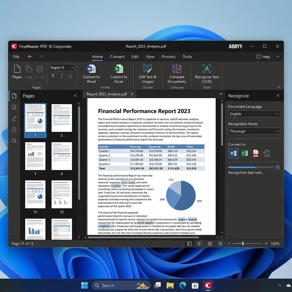 ABBYY FineReader 16 Corporate Full en Español - Pantalla principal con documento PDF abierto y panel de OCR en Windows 11