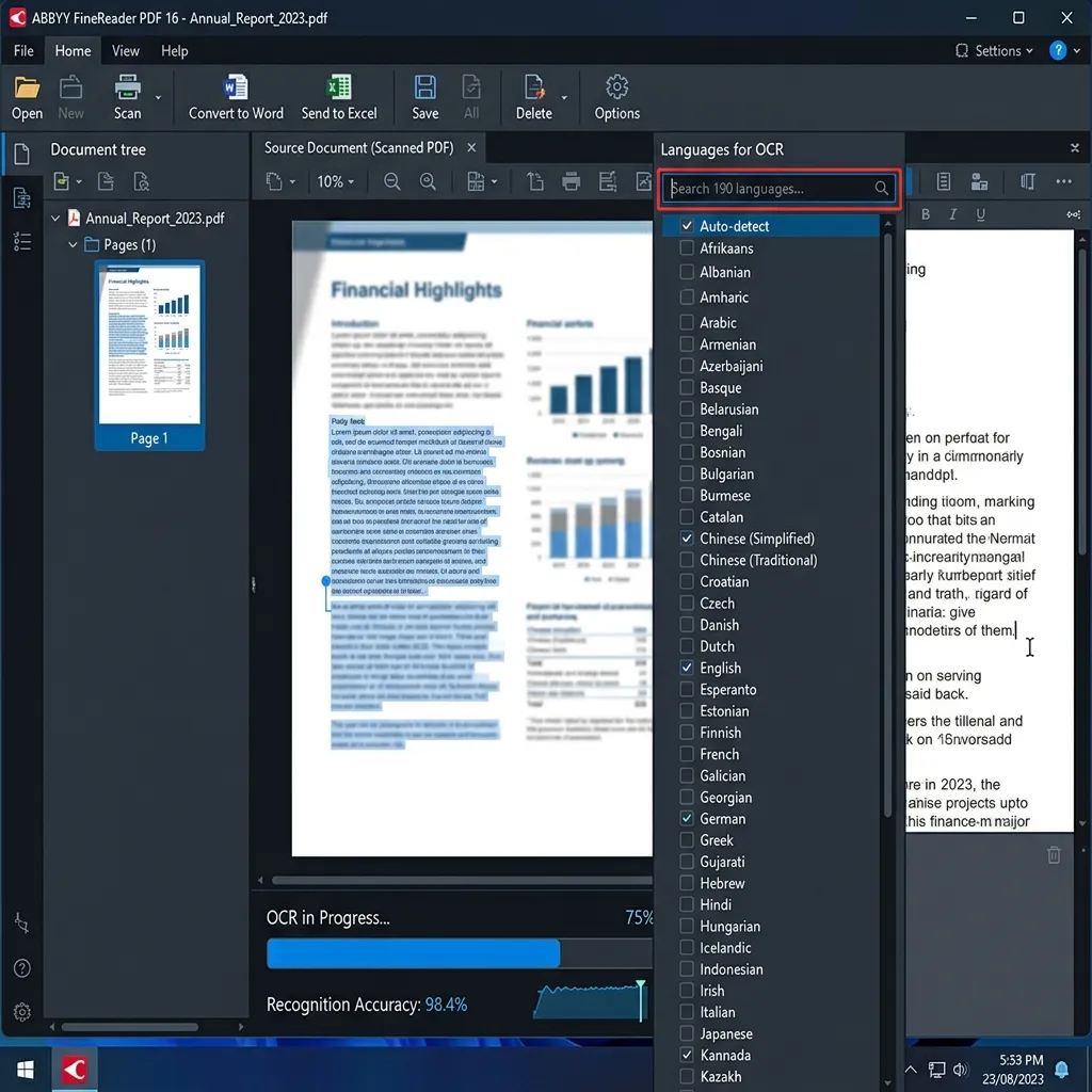 ABBYY FineReader 16 OCR en progreso - Reconocimiento de texto en documento escaneado con selección de 190 idiomas