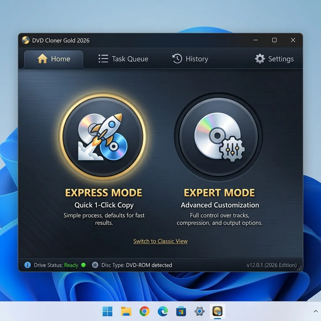 DVD Cloner Gold 2026 Full en Español - Pantalla de inicio con selección del modo de copia Express y Expert en Windows 11