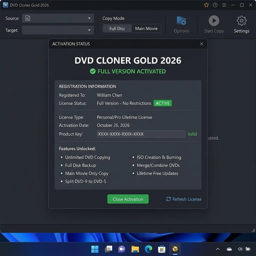 DVD Cloner Gold 2026 Full activado correctamente - Panel de licencia mostrando versión Full sin restricciones de copias