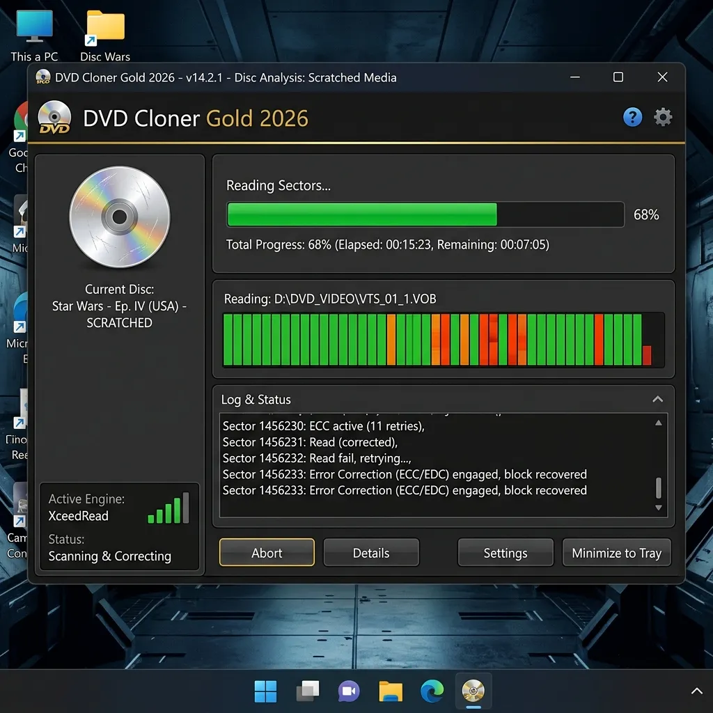Motor XceedRead de DVD Cloner Gold 2026 leyendo disco DVD en progreso - Lectura avanzada de discos con protecciones 2026