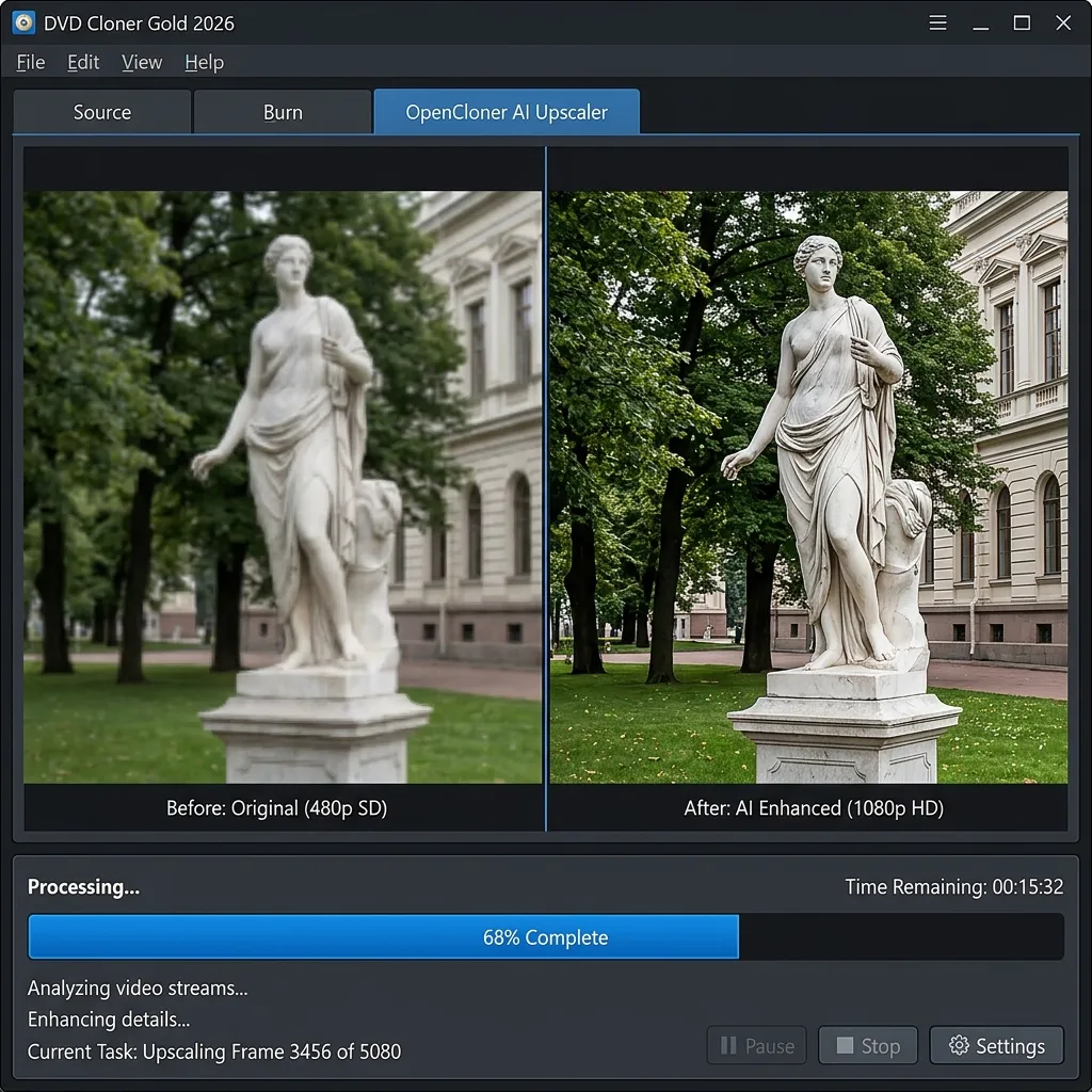 OpenCloner AI Upscaler en DVD Cloner Gold 2026 - Escalado con Inteligencia Artificial mejorando la calidad del video durante la conversión