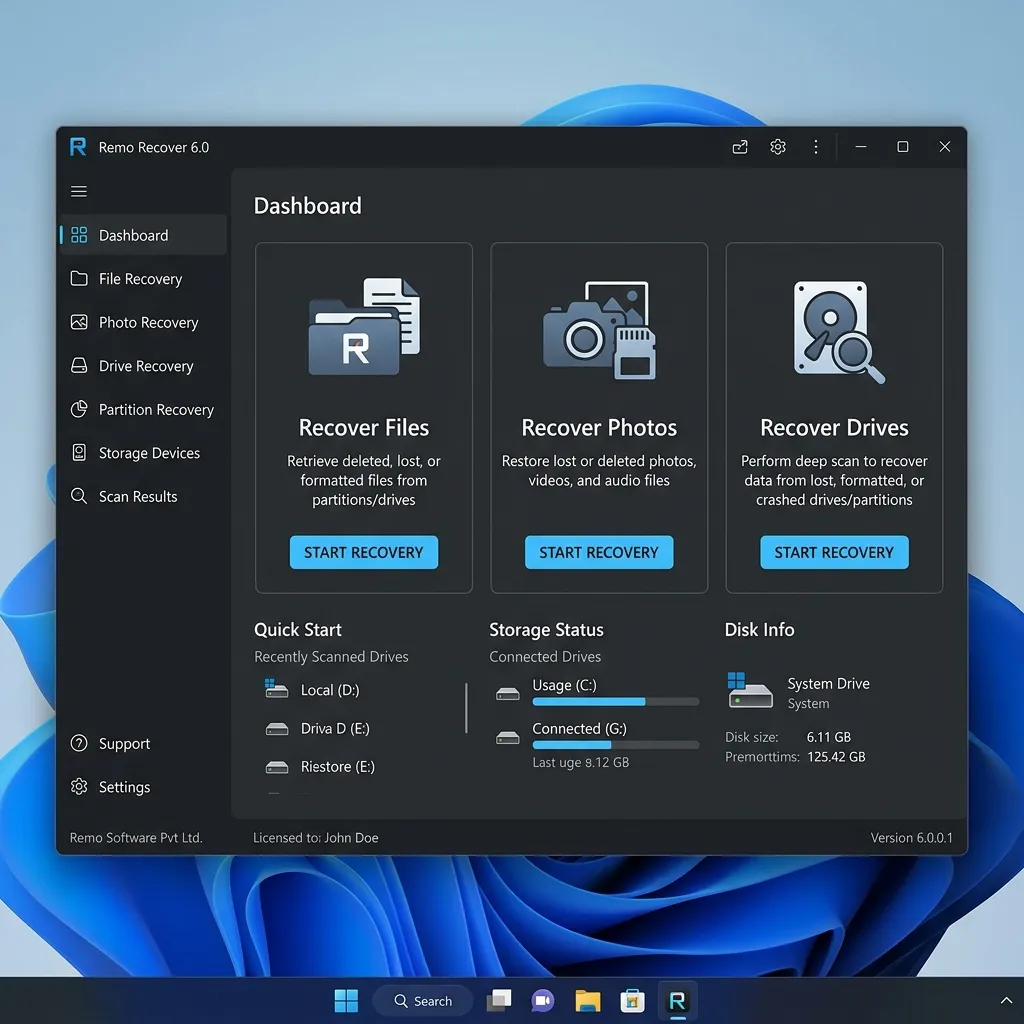 Remo Recover - Pantalla principal Remo Recover Full en Español - Pantalla principal con opciones Recuperar Archivos, Recuperar Fotos y Recuperar Particiones en Windows 11