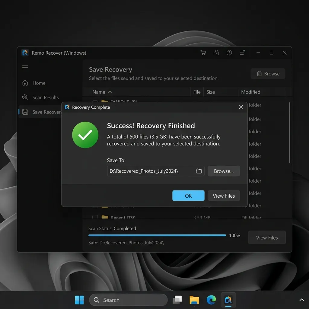 Remo Recover - Recuperación completada Remo Recover guardado de archivos recuperados exitosamente - Pantalla de éxito con archivos restaurados y selección de carpeta destino