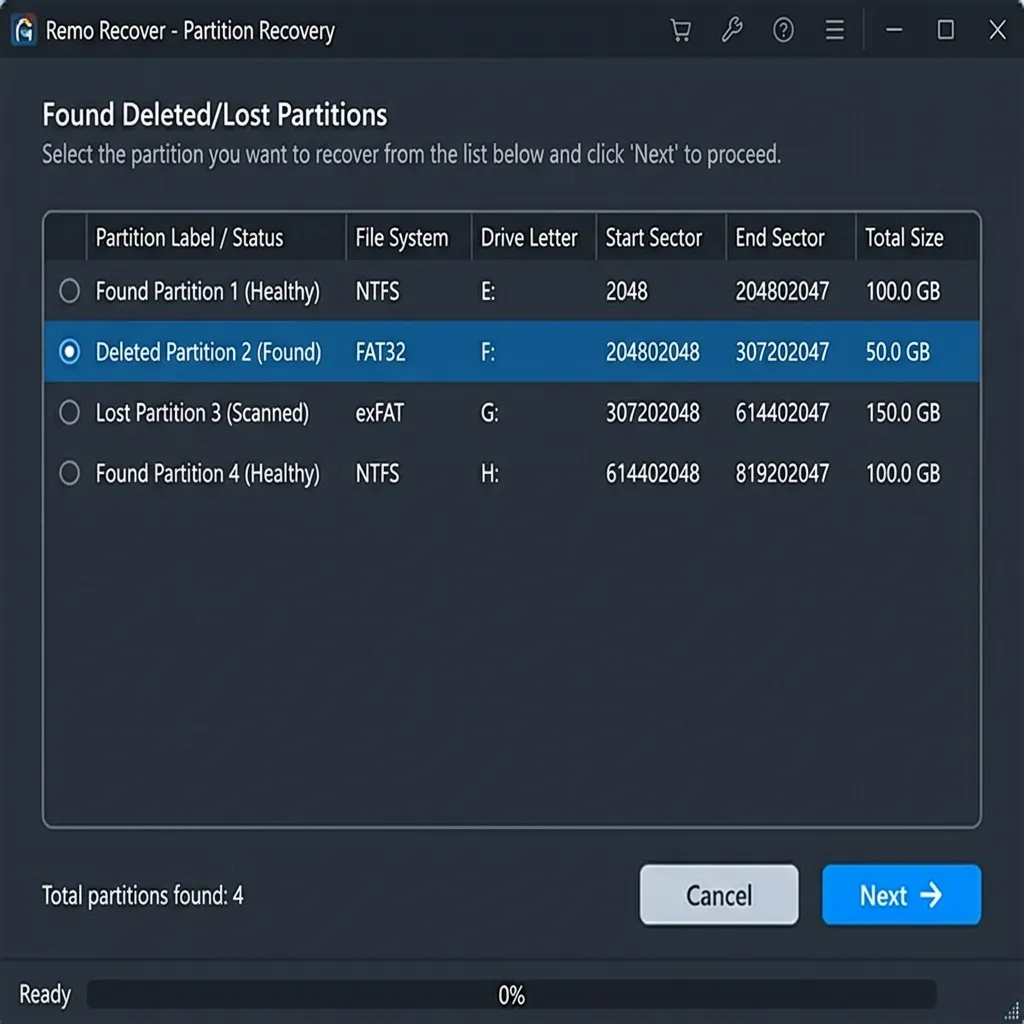 Remo Recover - Recuperación de particiones Remo Recover recuperación de partición eliminada - Lista de particiones NTFS FAT32 exFAT encontradas para seleccionar
