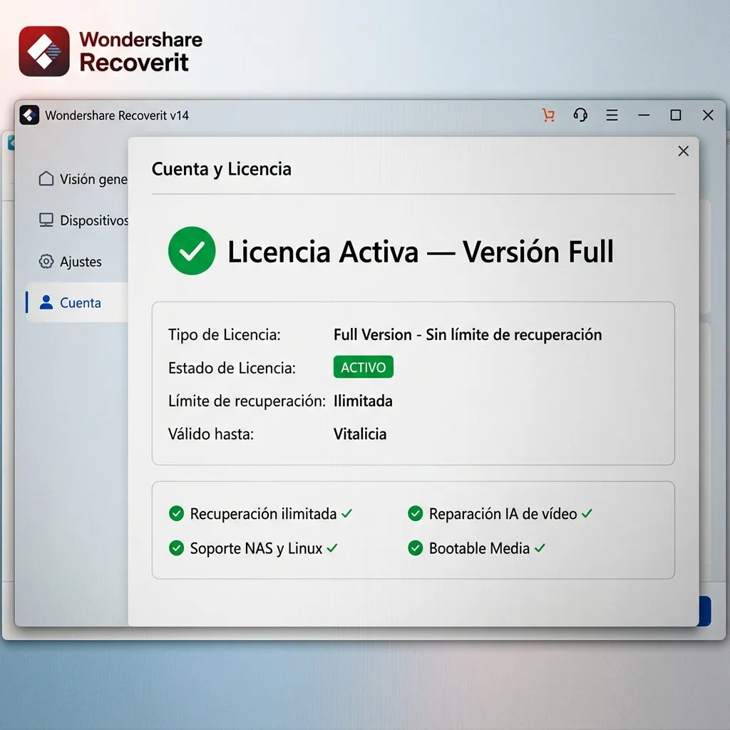 Wondershare Recoverit v14 Full activado correctamente - Panel Mi Cuenta mostrando licencia activa sin límite de recuperación de datos