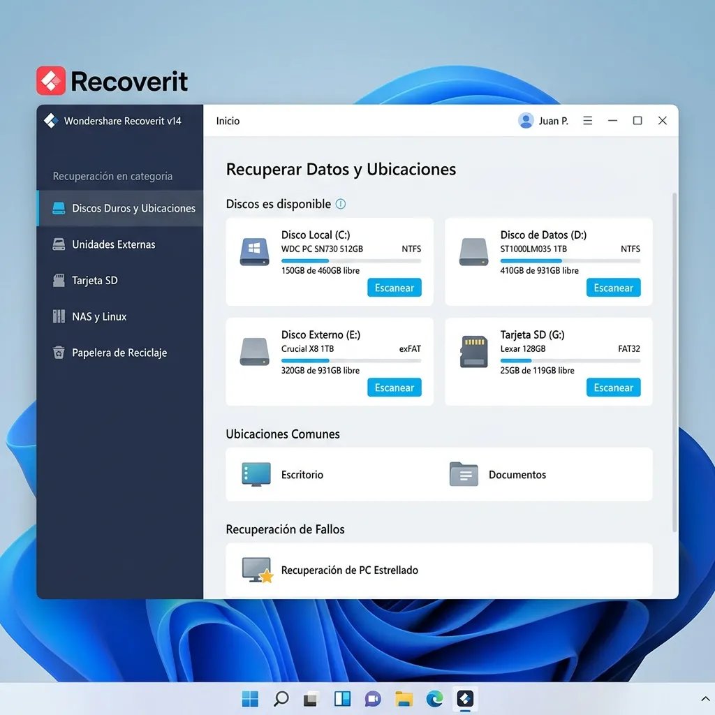 Wondershare Recoverit v14 Full en Español - Pantalla de inicio con selección de disco y dispositivo en Windows 11
