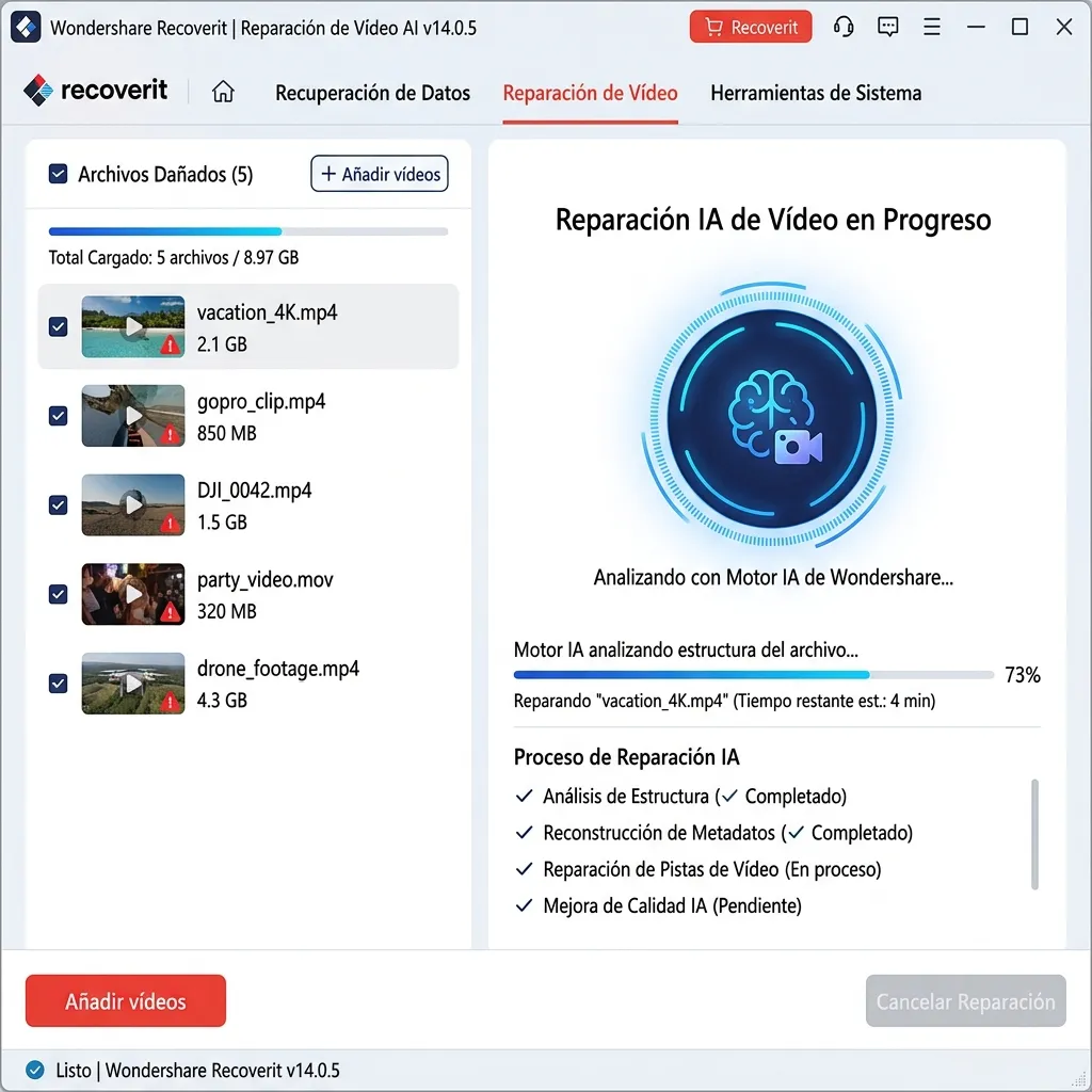 Motor de Inteligencia Artificial reparando vídeos 4K corruptos en Wondershare Recoverit v14 - Reconstrucción de archivos MP4 MOV GoPro DJI