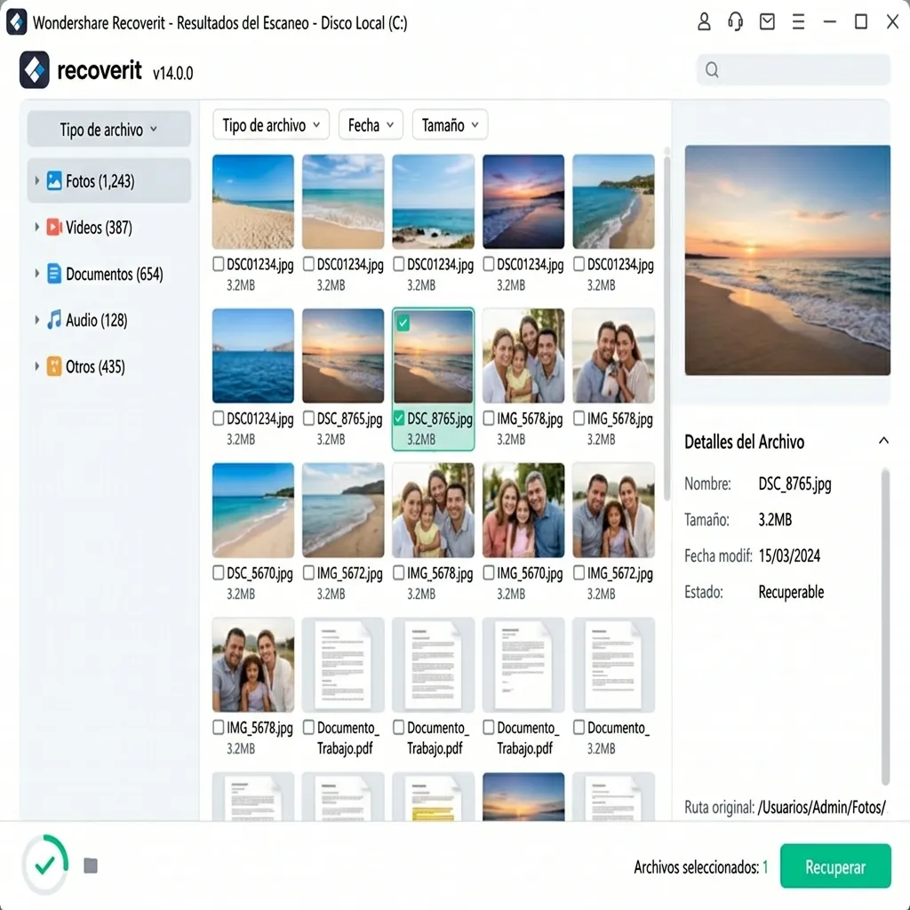 Resultados del escaneo en Wondershare Recoverit v14 - Filtrado por tipo de archivo fotos videos documentos con vista previa antes de recuperar