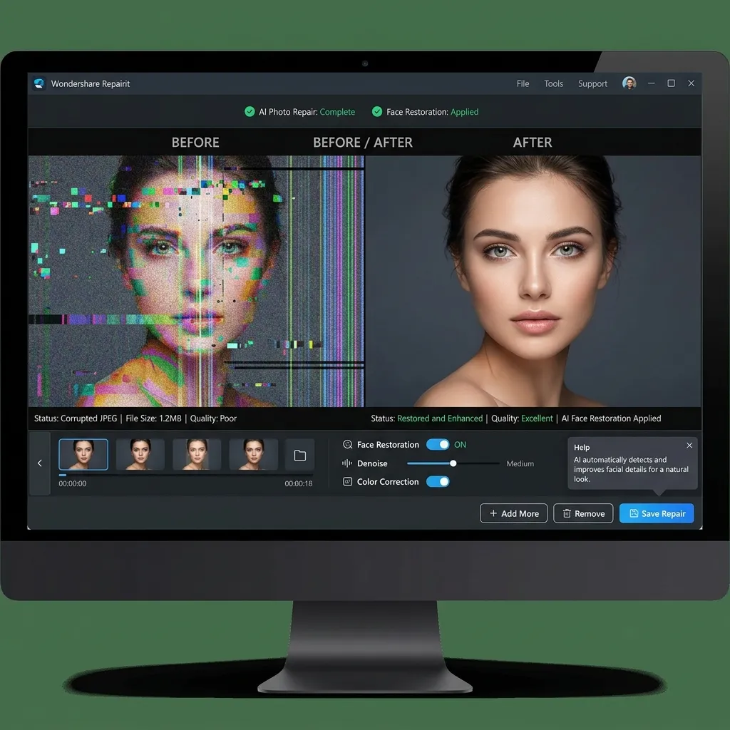 Wondershare Repairit IA reparación y colorización de fotos - Comparación antes después con restauración facial y colorización automática