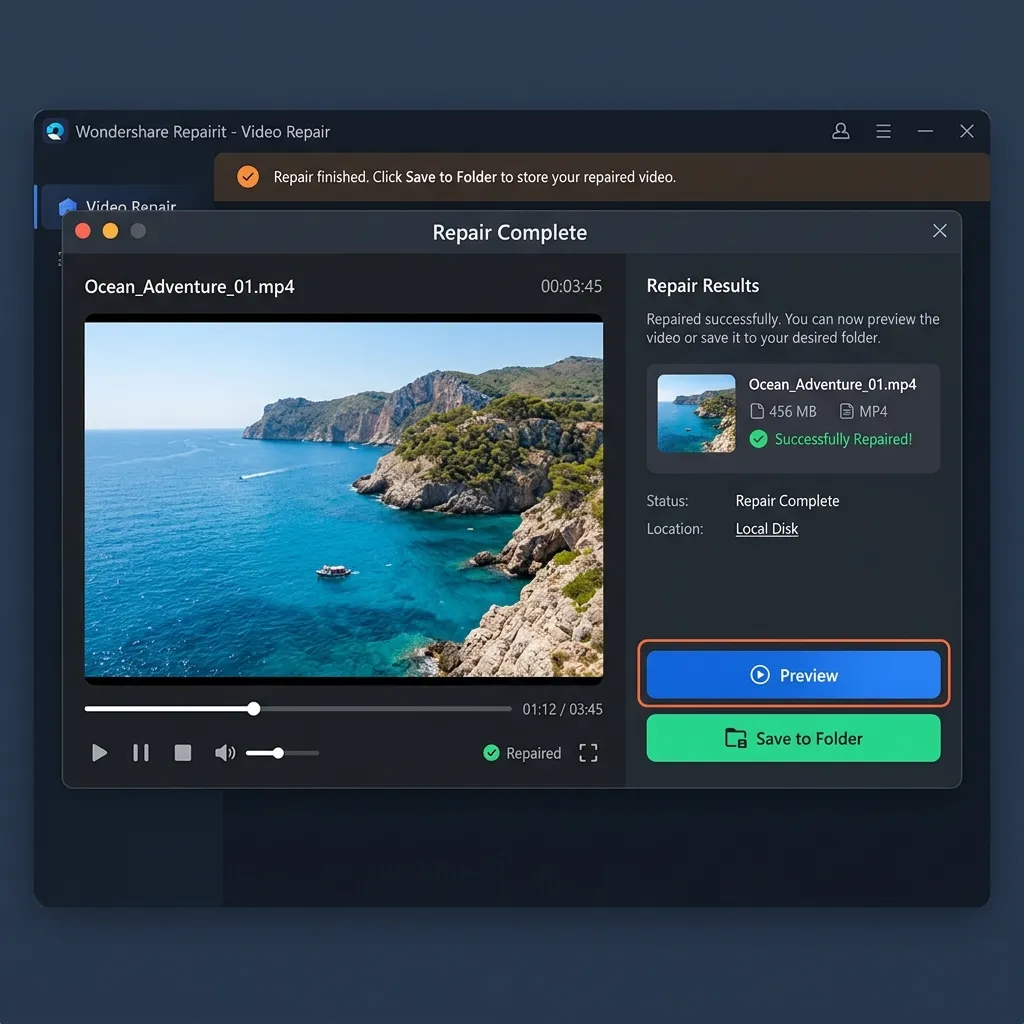 Wondershare Repairit previsualización y guardado de vídeo reparado - Reproductor con video restaurado listo para guardar