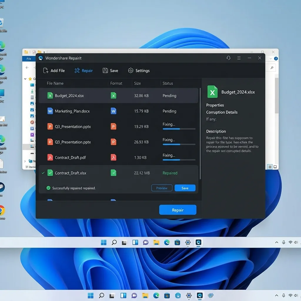 Wondershare Repairit reparación de documentos Word Excel PowerPoint PDF corruptos - Lista de archivos con estado de reparación