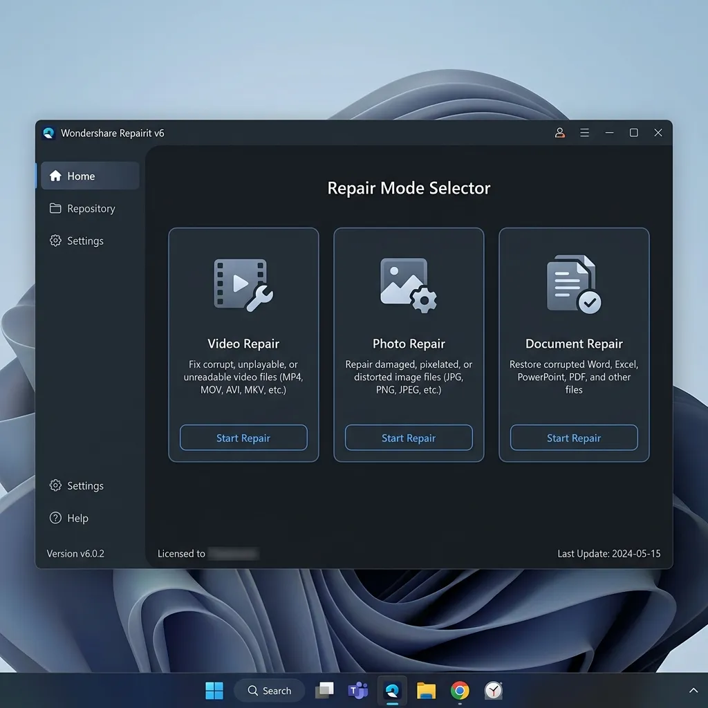 Wondershare Repairit v6.6.3.6 Full en Español - Pantalla principal con selector de modo: Reparar Vídeo, Foto, Documento y Audio
