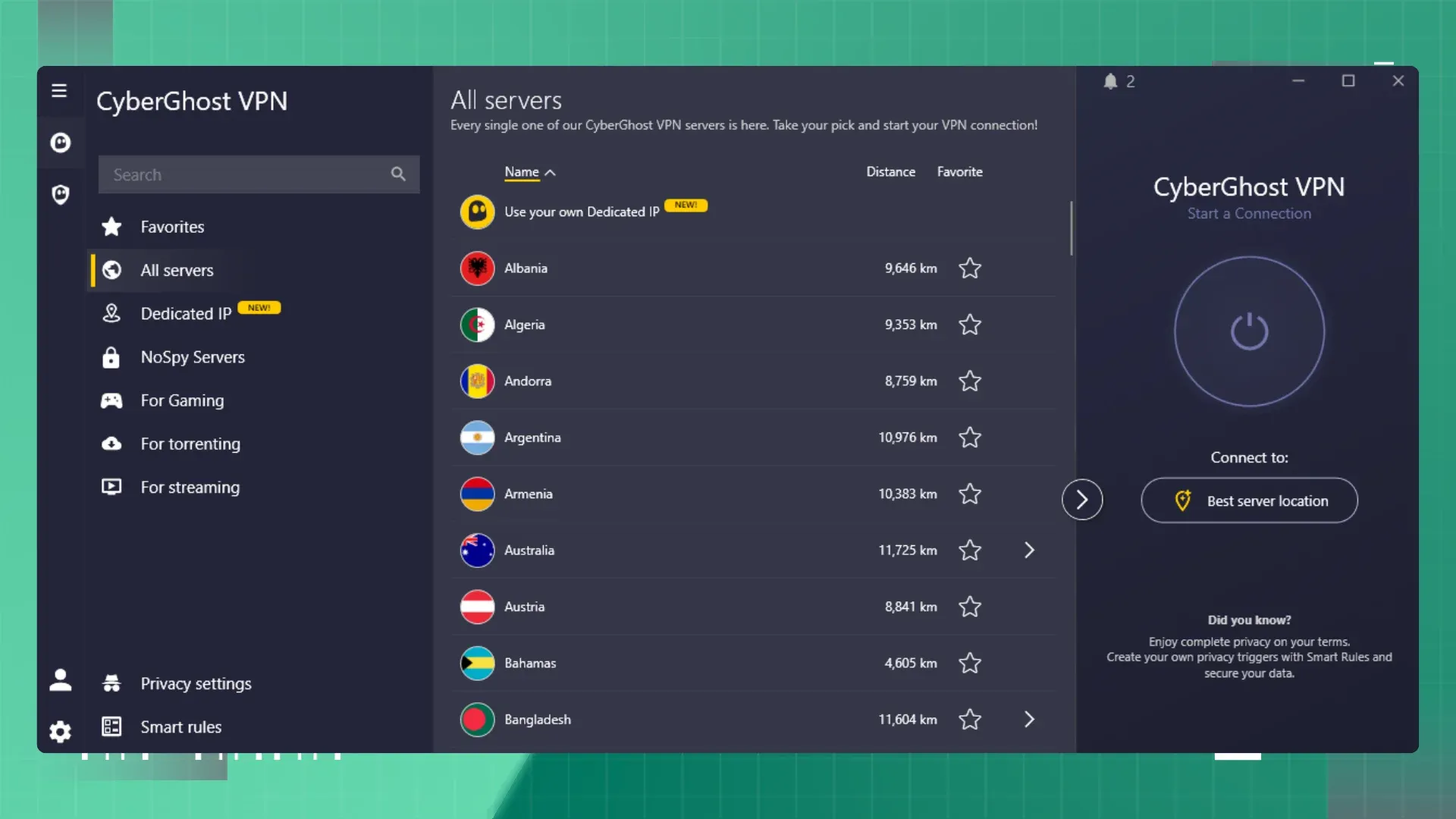 CyberGhost VPN Premium - Pantalla principal CyberGhost VPN Premium v9 Full en Español - Pantalla principal con botón de conexión y selector de servidor en Windows 11
