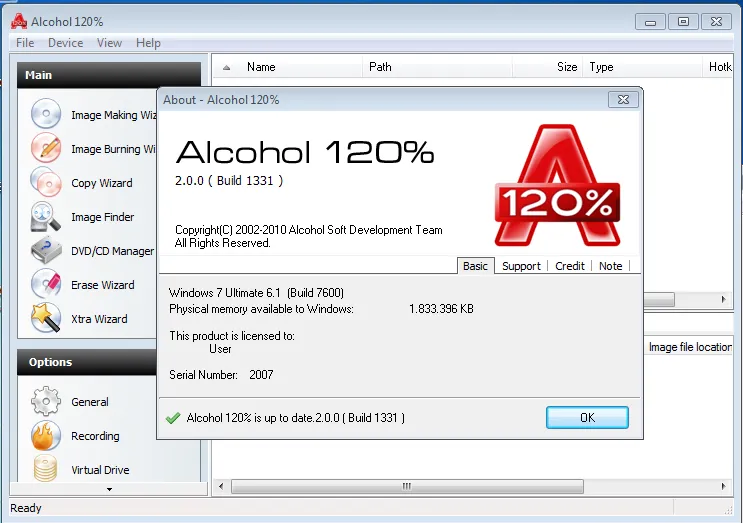 Alcohol 120% v2.1.1 Build 2201 Full en Español - Pantalla principal mostrando las unidades virtuales creadas y la biblioteca de imágenes de disco disponibles