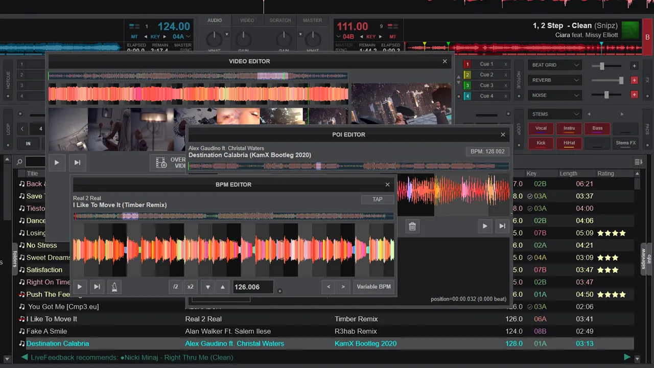 Virtual DJ Studio v8.1.1 Full en Español - Interfaz principal con múltiples líneas de reproducción activas, controles de volumen, pitch y tempo individuales y ecualizadores de 10 bandas