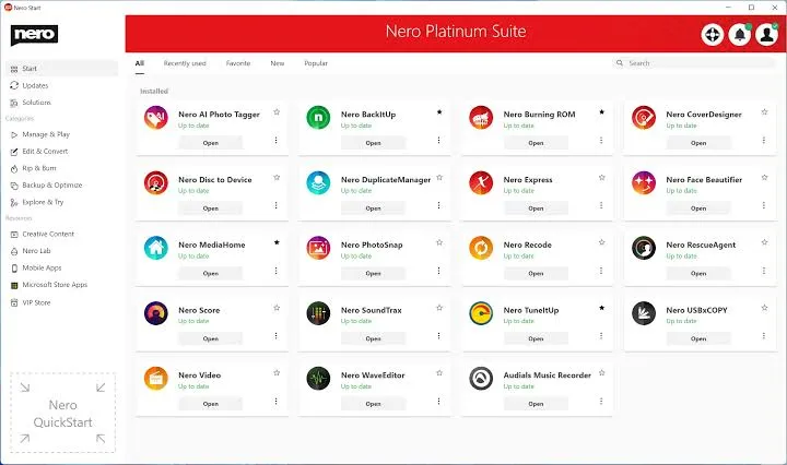 Nero Platinum 2021 Full en Español - Pantalla de inicio con los 7 programas de la suite: Burning ROM, Video, MediaHome, BackItUp, Recode, DuplicateManager y Music Recorder