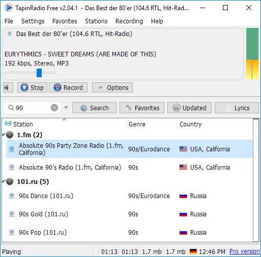 TapinRadio Pro - Interfaz principal TapinRadio Pro v2.17.00 Full en Español - Interfaz principal con listado de emisoras de radio online organizadas por país y género musical en Windows 11