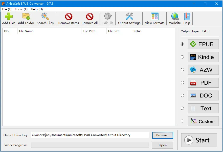 AniceSoft EPUB Converter v20.8.1 Full en Español - Panel principal mostrando los 12 tipos de conversión disponibles: EPUB a PDF, MOBI a EPUB, Kindle a PDF y más