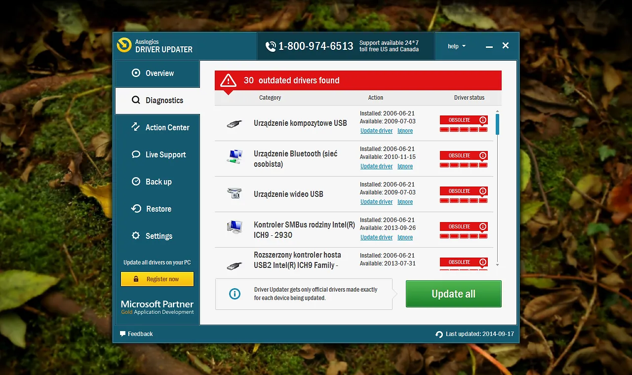 Auslogics Driver Updater v2.1 Full en Español - Pantalla principal mostrando el escaneo de drivers completado con lista de drivers desactualizados detectados