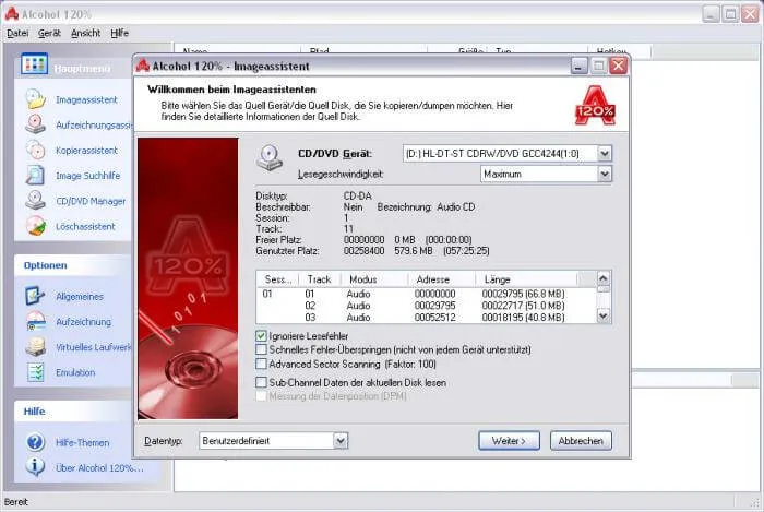 Alcohol 120% - Asistente de copia de disco mostrando la detección automática de la protección SafeDisc en un juego de PC y selección del perfil de copia apropiado