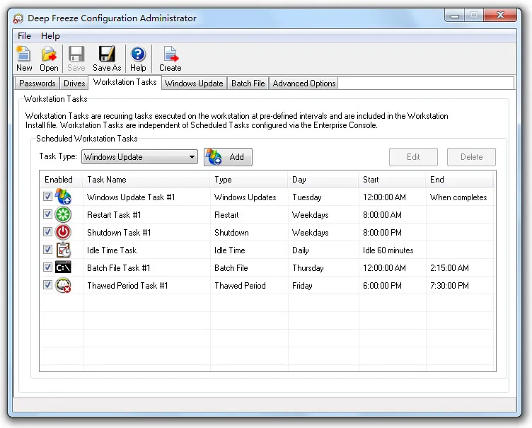 Deep Freeze Enterprise - Panel de configuración Deep Freeze Enterprise - Panel de configuración con selección de particiones a proteger y opciones de contraseña de administrador