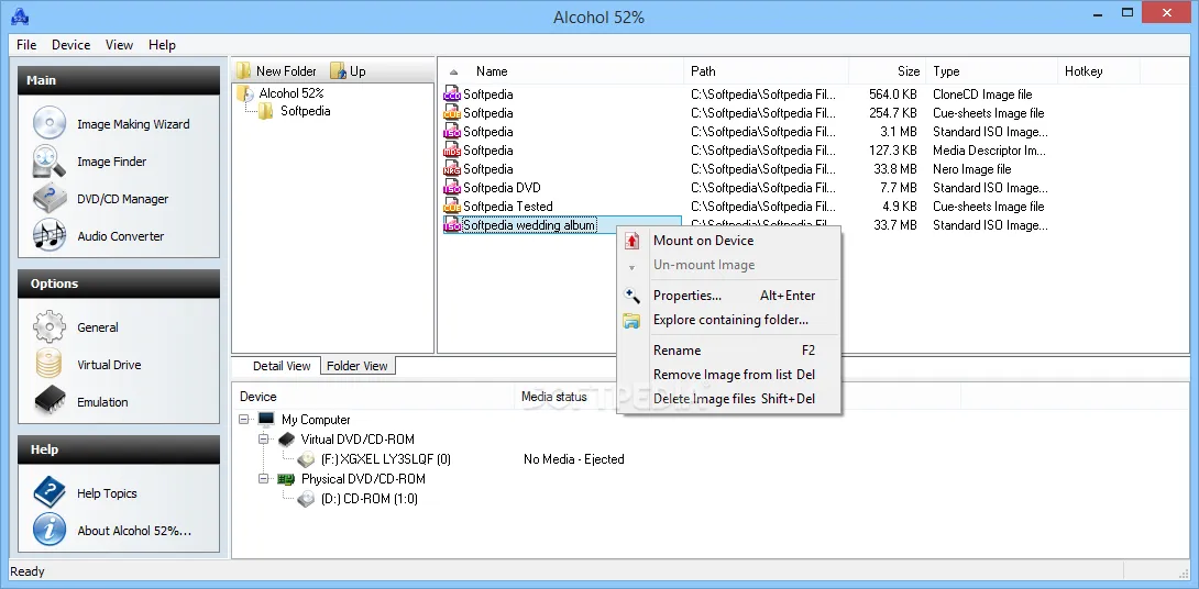 Alcohol 120% - Proceso de creación de imagen ISO a partir de un DVD de película con las opciones de formato MDS, ISO y velocidad de lectura configuradas