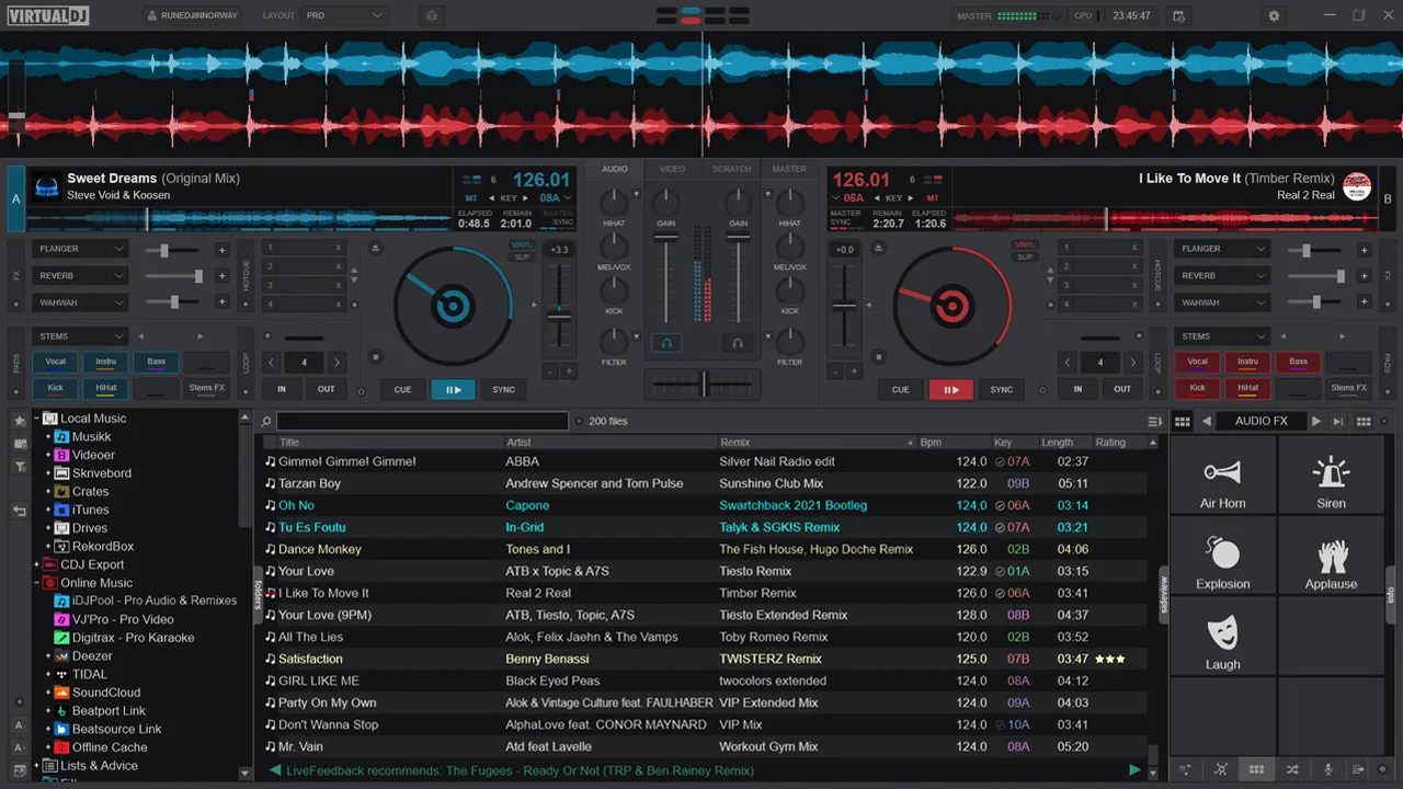 Virtual DJ Studio - Navegador de archivos mostrando biblioteca musical con bitrate, frecuencia de muestreo y cola de solicitudes de canciones de los asistentes