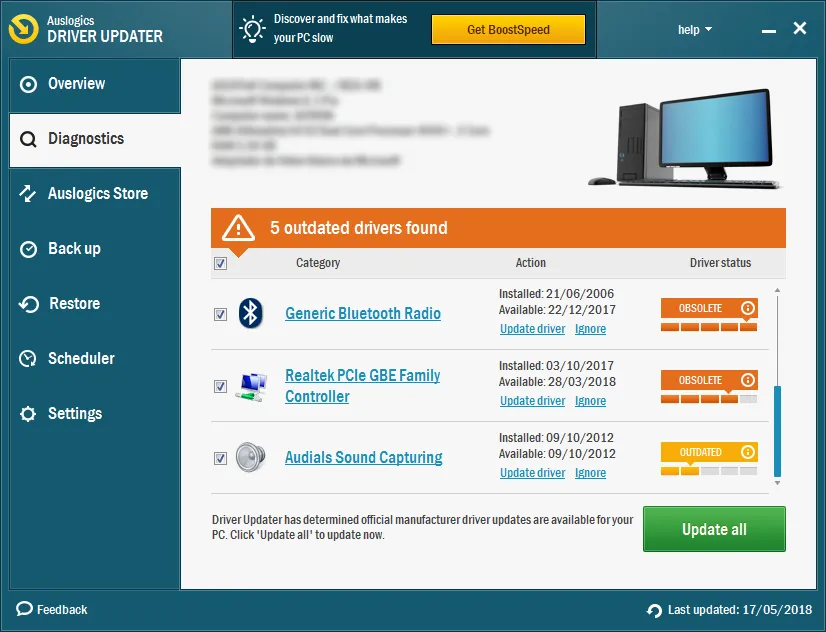 Auslogics Driver Updater - Proceso de actualización en progreso descargando e instalando drivers con copia de seguridad automática creada