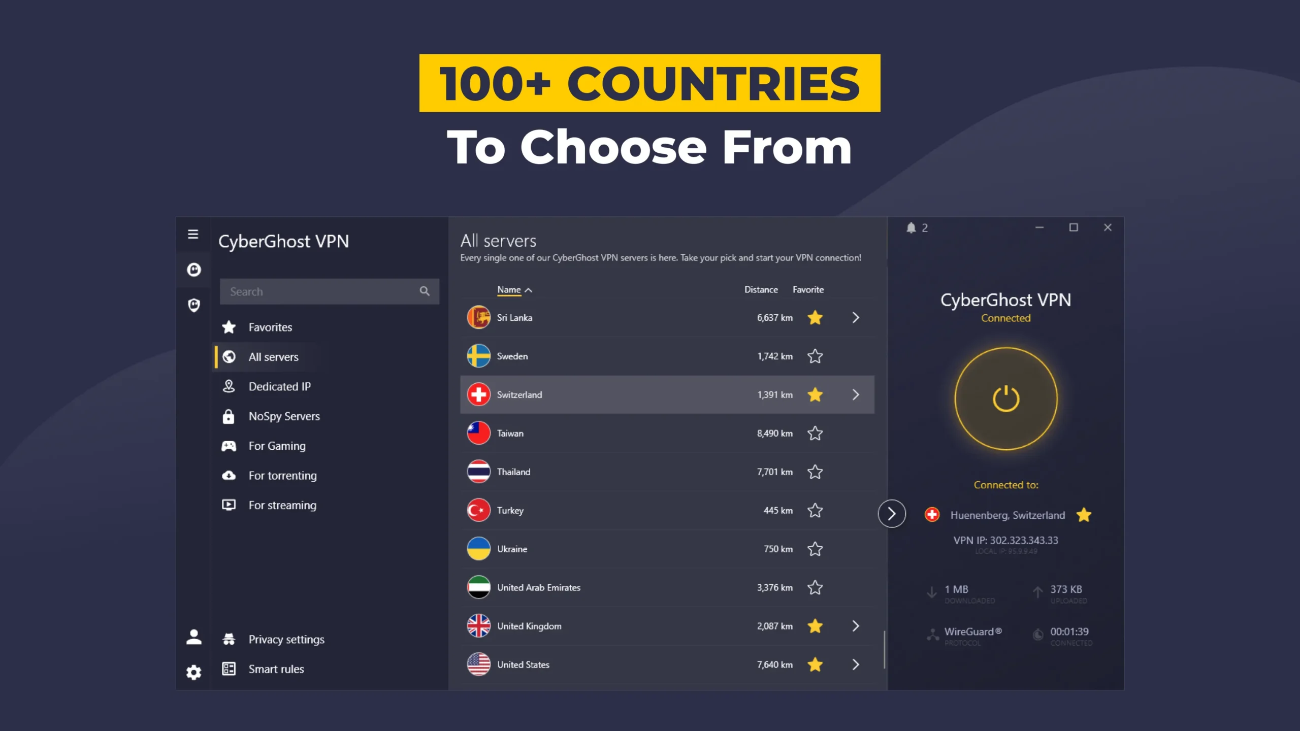 CyberGhost VPN Premium - Configuración de seguridad CyberGhost VPN Premium - Panel de configuración con Kill Switch, bloqueo de anuncios y protocolo WireGuard activados