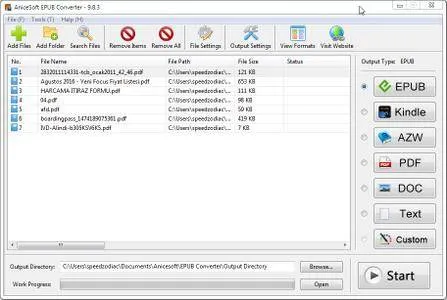 AniceSoft EPUB Converter - Selección de carpeta de destino y barra de progreso de conversión mostrando proceso completado al 100%