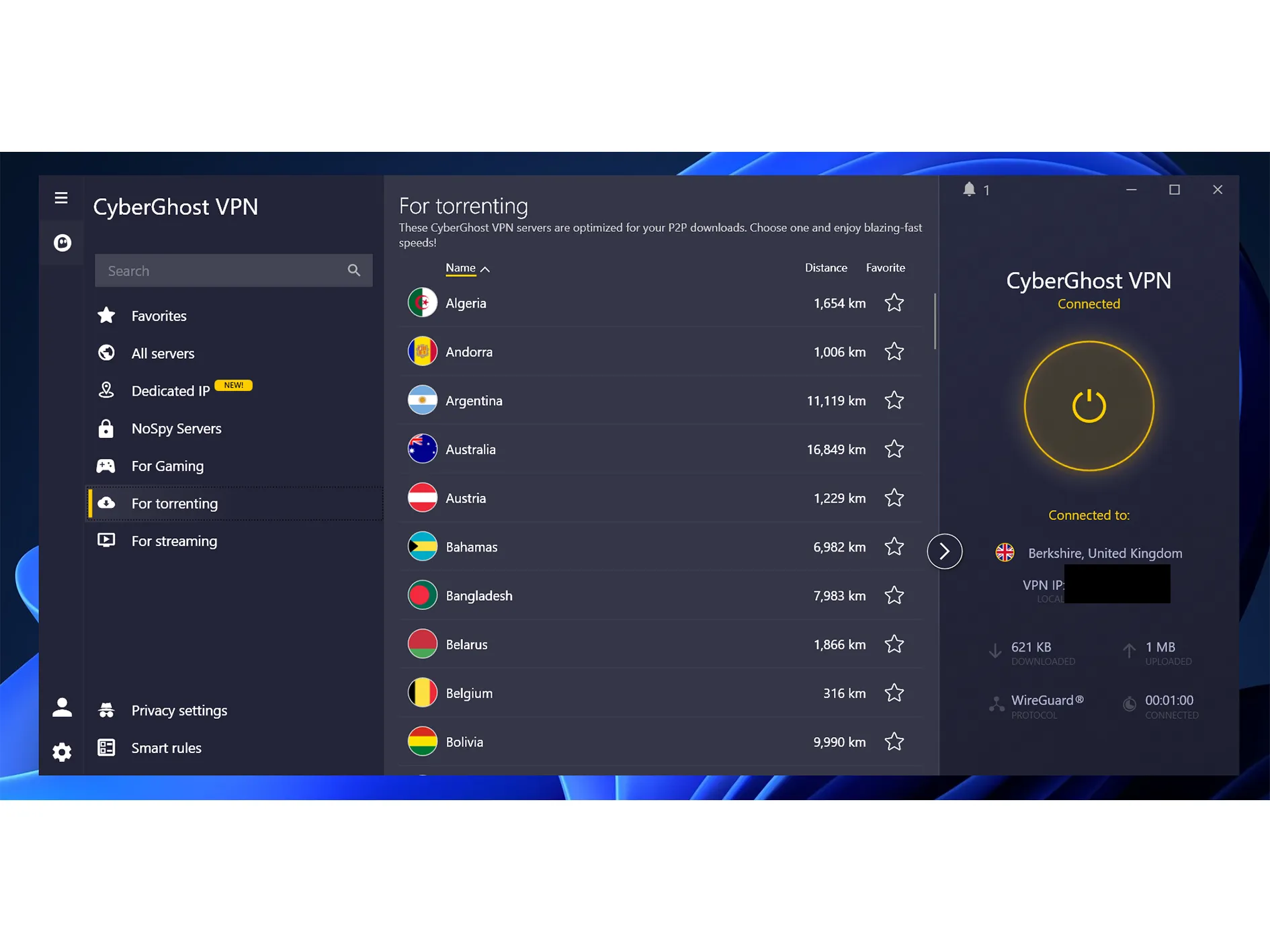 CyberGhost VPN Premium Full - Activación exitosa CyberGhost VPN Premium Full activado correctamente - Cuenta Premium sin restricciones de tiempo ni servidores en Windows