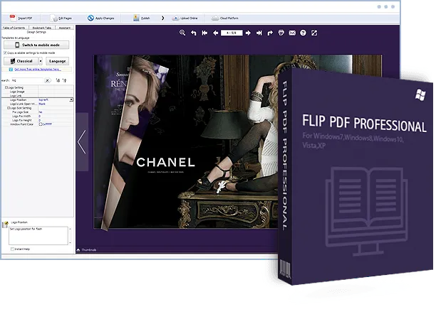 Flip PDF Professional v4.4.9.11 activado correctamente con serial Full - Vista de flipbook terminado con efecto de paso de página 3D en Windows 11